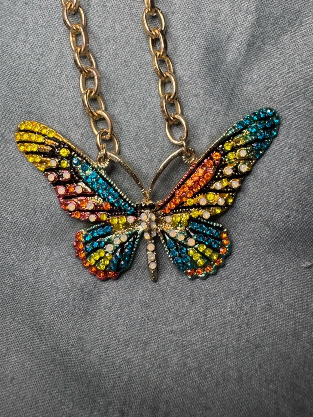 Layered Gold Necklace with Multicolor Crystal Butterfly Pendant - Picture 3 of 8